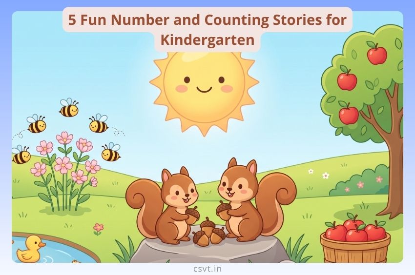 counting stories for kindergarten; learn numbers 1 to 5; preschool counting stories; early math stories for kids; fun number learning for toddlers; illustrated counting stories; kindergarten learning stories; CSVT educational stories; math learning printables