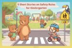 Cute animal characters practicing safety rules including holding hands at a crosswalk and wearing a bike helmet in a kindergarten story illustration.