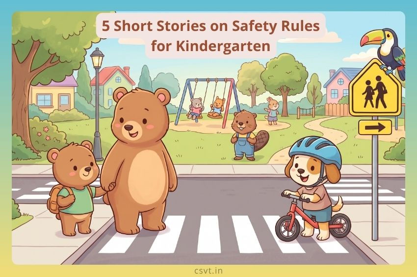 Cute animal characters practicing safety rules including holding hands at a crosswalk and wearing a bike helmet in a kindergarten story illustration.