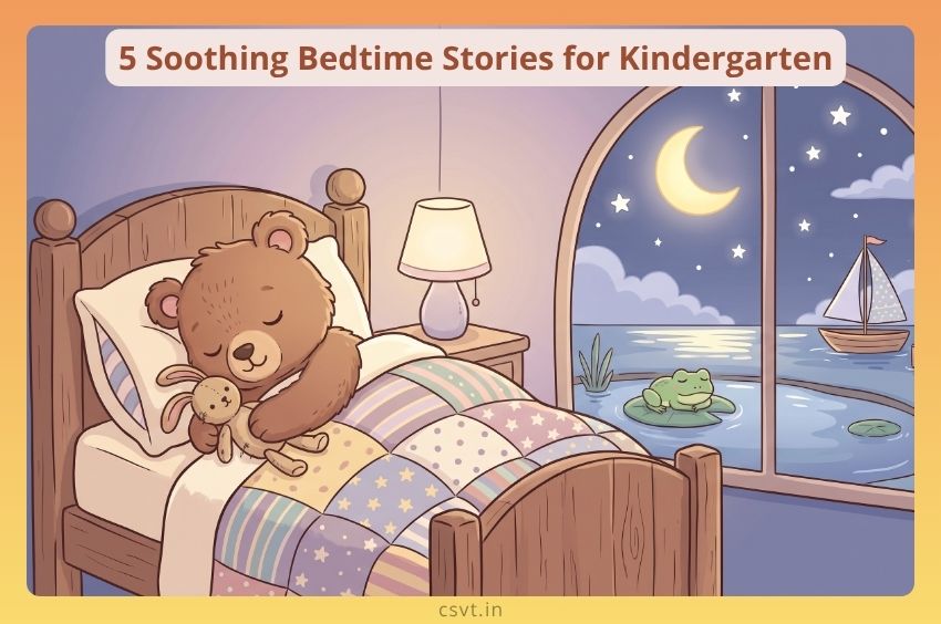Cute baby bear sleeping under a cozy patchwork quilt with a starry night sky and moon in a kindergarten bedtime story illustration.