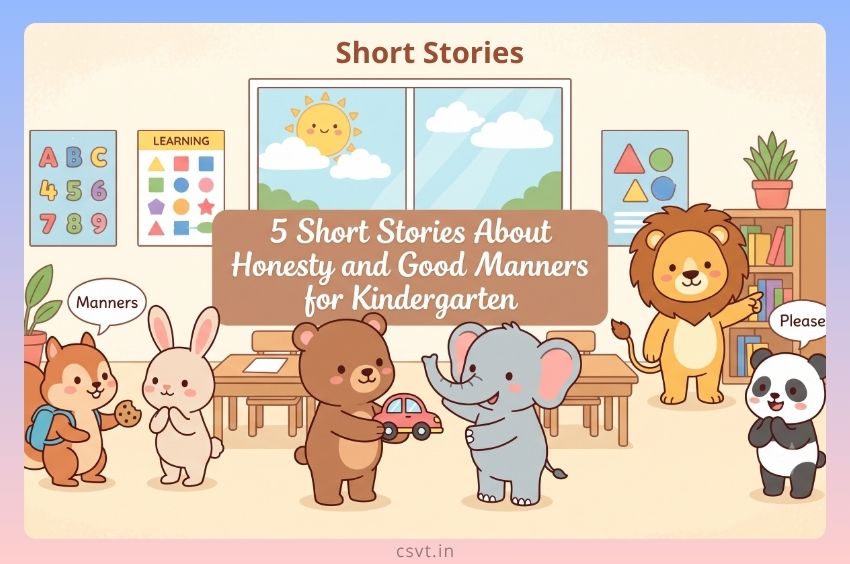 Kind illustrated scene of animals in a classroom, showing honesty by returning a toy, part of kindergarten stories.